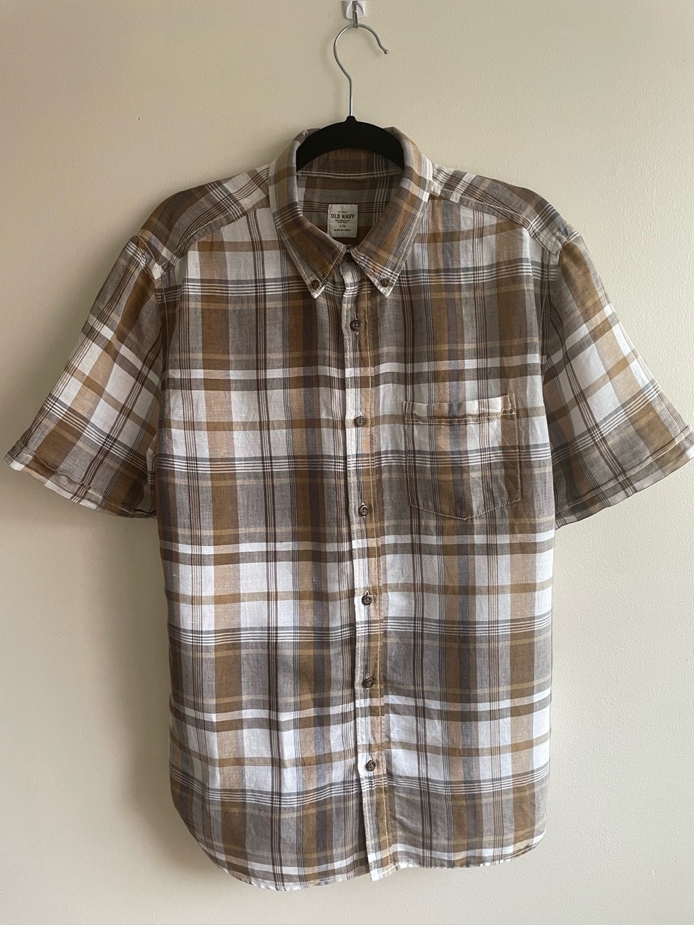 Vintage Old Navy Linen Cotton Plaid Button Down Shirt Men’s L Brown Short Sleeve